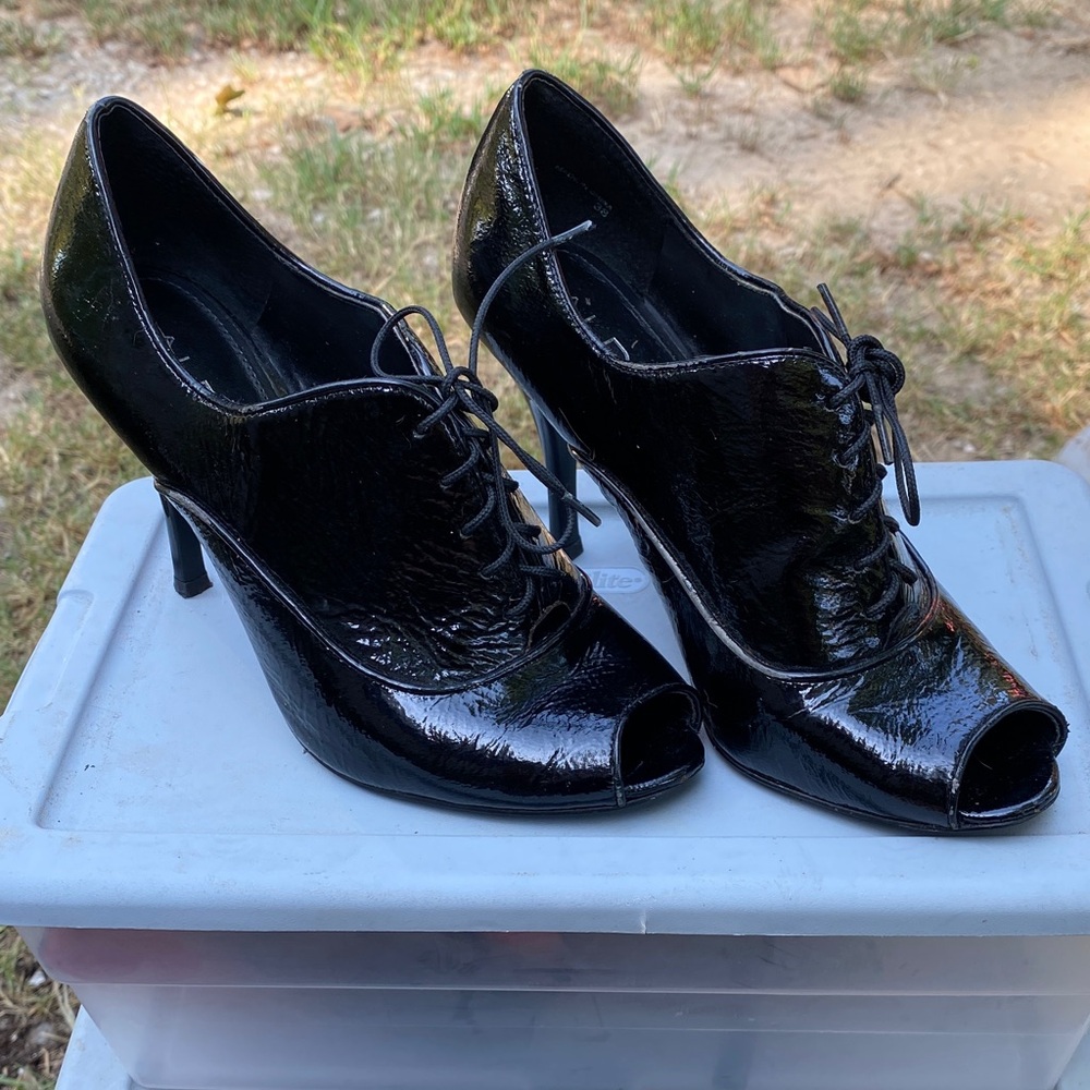 Aldo Shiny Black Lace-Up Peep-Toe Heels
